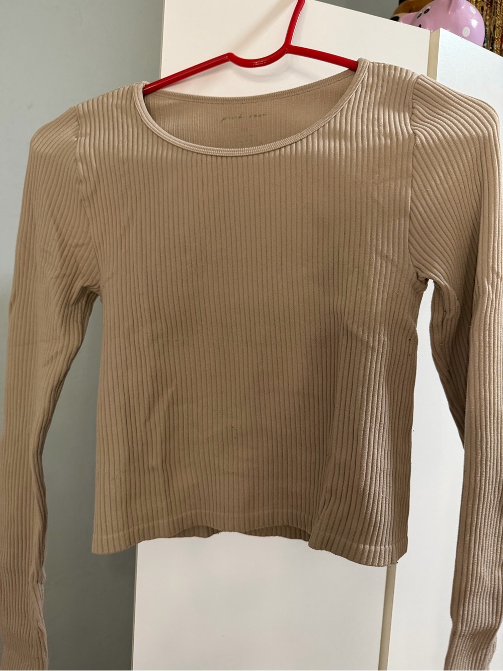 Ribbed Long-Sleeve Crewneck Top in Taupe